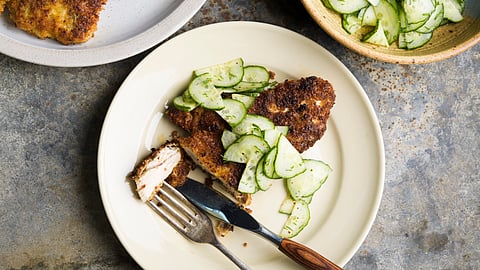 In frame: Crispy dijon chicken cutlets with cucumber-dill salad