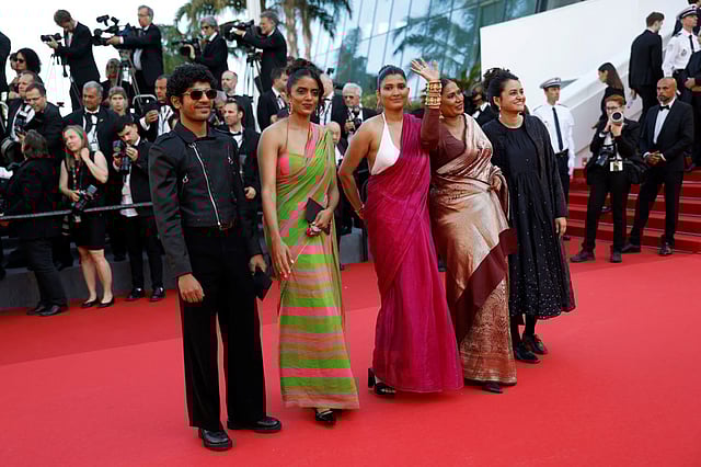 Actor Divya Prabha with the team of All We Imagine as Light at Cannes