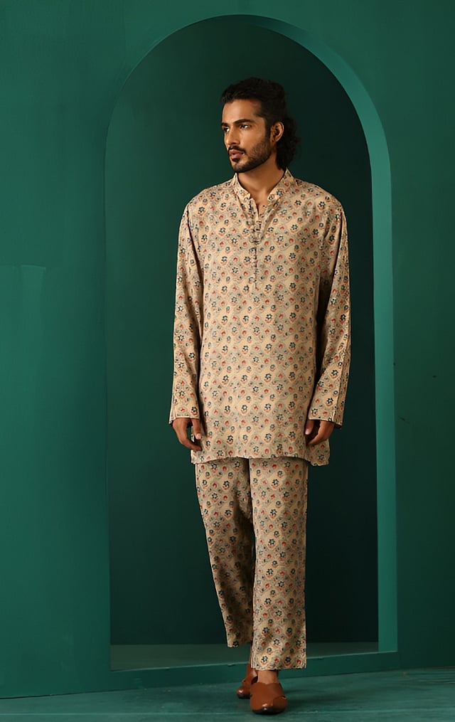 Men Beige Geometric Muslin Silk Printed Co-ord Set - trueBrowns - 