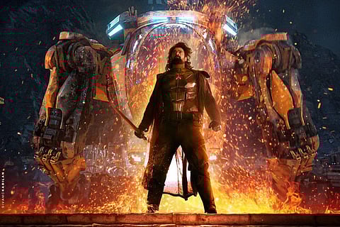 (Left) Vijaynarain; (Right) Prabhas as Bhairava in a still from 'Kalki 2898 AD'