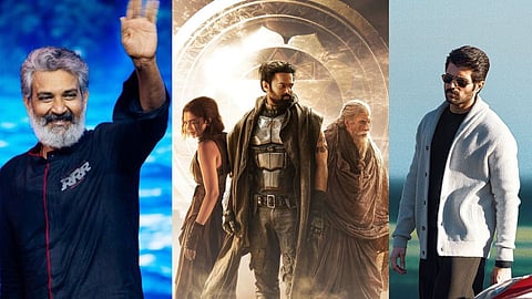 In frame: SS Rajamouli (L), Kalki 2898 AD poster (C); Vijay Devarakonda (R)