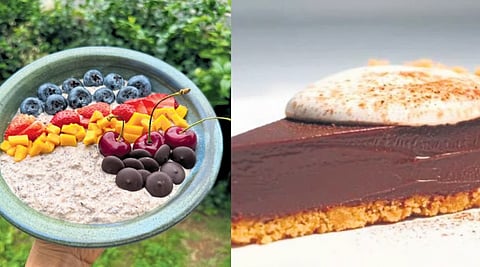Millet chia choco bowl with yoghurt & fruits (L), No-Bake Chocolate Tart (R)