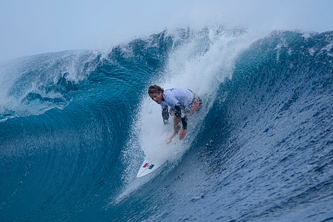 Alan Cleland Quinonez, of Mexico, surfs during a training day ahead of the 2024 Summer Olympics surfing competition (July 23) in Teahupo'o, Tahiti