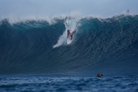 Kanoa Igarashi, of Japan, surfs during a training day ahead of the 2024 Summer Olympics surfing competition (July 23) in Teahupo'o, Tahiti