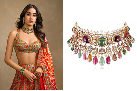 Janhvi Kapoor wearing a lehenga from Arpita Mehta, paired with the Fiona Tourmaline Choker necklace set with pearls from Hazoorilal Legacy. 