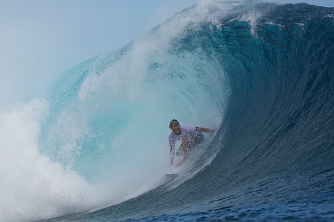 Kanoa Igarashi, of Japan, surfs during a training day ahead of the 2024 Summer Olympics surfing competition (July 23) in Teahupo'o, Tahiti