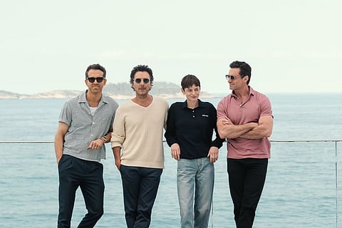 Deadpool & Wolverine director Shawn Levy (second from left to right) and the cast of the film (left to right) Ryan Reynolds, Emma Corrin, and Hugh Jackman during their promotional tour in Brazil earlier this month