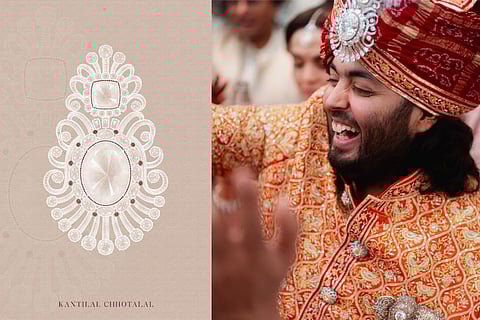 The design of the serpanch (L); Anant wearing it during his baraat