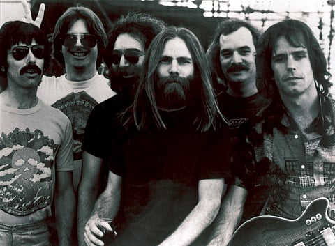 Members of the Grateful Dead band (left to right) Mickey Hart, Phil Lesh, Jerry Garcia, Brent Mydland, Bill Kreutzmann, and Bob Weir