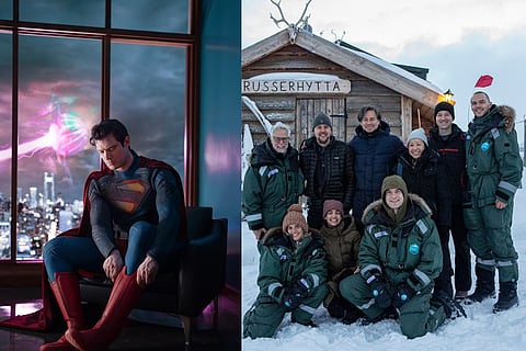 (left) A glimpse of David Corenswet as Superman shared by James Gunn earlier this year; (right) A BTS pic shared by James to announce the wrapping up of the shoot 