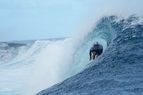Reo Inaba, of Japan, surfs during a training day ahead of the 2024 Summer Olympics surfing competition (July 23) in Teahupo'o, Tahiti