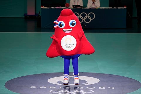 Phryge, the Olympics 2024 mascot, dances at the South Paris Arena, during the men's handball match between Denmark and Egypt at the 2024 Summer Olympics (July 29) in Paris, France
