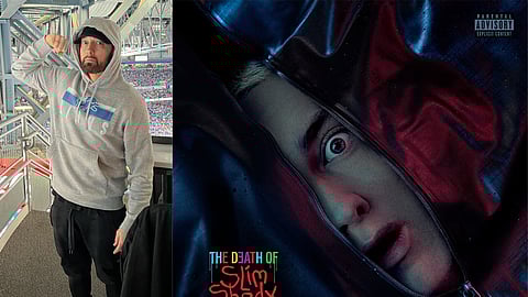 Eminem (L); The Death of Slim Shady (Coup de Grace) album cover (R)