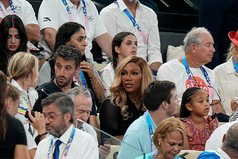 Serena Williams is seen in the stands before the women's artistic gymnastics team finals round at Bercy Arena at the 2024 Summer Olympics (July 30) in Paris, France