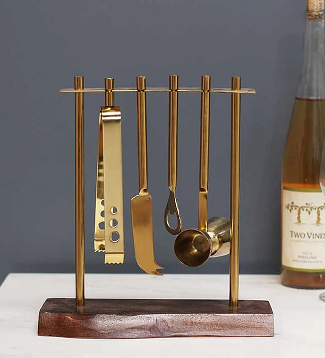 Pepperfry Uneven Base Gold Metal (Set of 4) Bar Tool Set with Stand