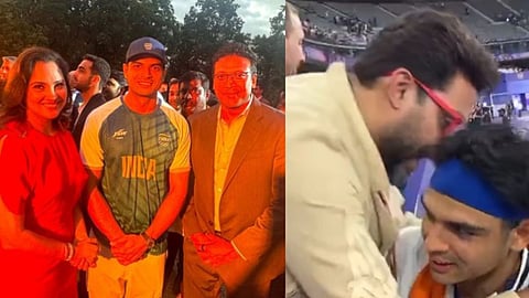 Lara Dutta, Neeraj Chopra and Mahesh Bhupati (L); Abhishek Bachchan and Neeraj (R)