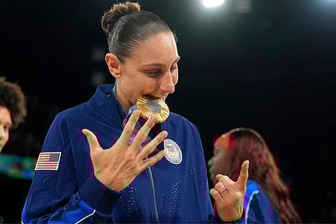 United States' Diana Taurasi reacts after winning her sixth gold medal at Bercy Arena at the 2024 Summer Olympics (Aug. 11) in Paris, France