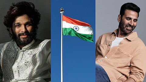 Allu Arjun (L); Indian flag (C); Akshay Kumar (R)