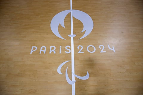 The logo of the Paralympic Games is seen on the Goalball pitch during a visit of the Arena Paris Sud venue ahead of the Paralympic Games in Paris (Aug. 19, 2024)