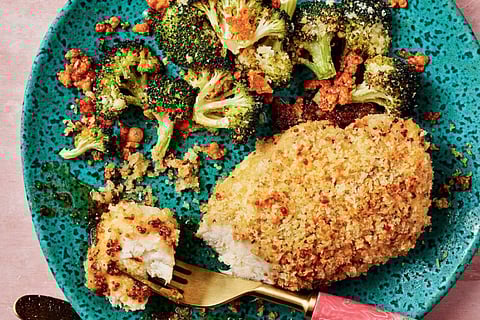 Panko honey mustard chicken (with frico broccoli)