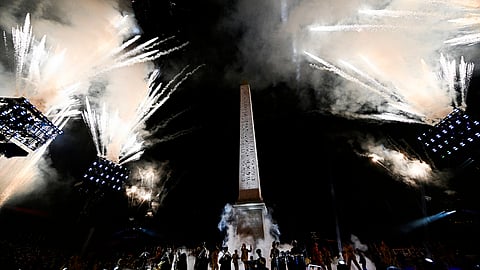 Artists perform with fireworks during the Paris 2024 Paralympic Opening Ceremony at the Place de la Concorde in Paris