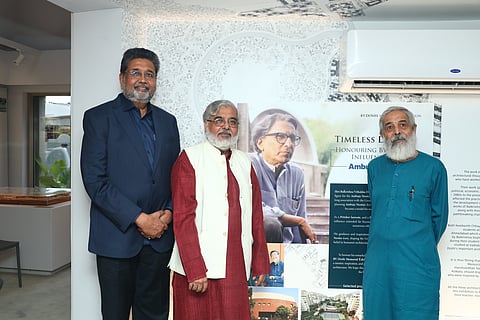 In Frame: Harshavardhan Neotia, chairman of Ambuja Neotia
Group, Sohan Nilkanth, guest architect, Neelkanth Chhaya,
guest architect at the BV Doshi Memorial Exhibition