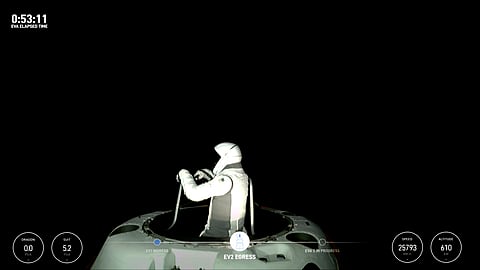 This image made from a SpaceX video shows SpaceX engineer Sarah Gillis emerging from the capsule on Sept. 12, 2024