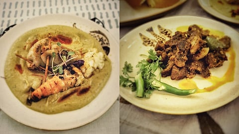 (L) Grilled cafreal marinated galda and pan seared squid stuffed with crab meat cooked in racheado masala; Anglo pork chilli fry