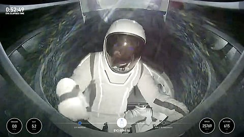 This image made from a SpaceX video shows SpaceX engineer Sarah Gillis on her way out of the capsule on Sept. 12, 2024