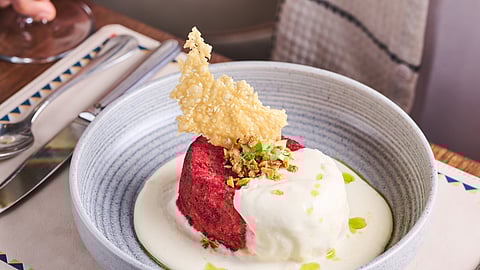 Italian style double baked beetroot souffle, tallegio cream & caramalised nuts