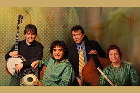 In frame: Béla Fleck, Zakir Hussain, Edgar Meyer, and Rakesh Chaurasia