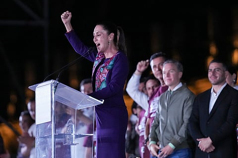 FILE - Ruling party presidential candidate Claudia Sheinbaum addresses supporters at the Zocalo, Mexico City's main square on June 3, 2024, after the National Electoral Institute announced she held an irreversible lead in the election