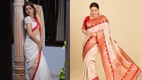 Rich reds and whites, enhanced by intricate zari work