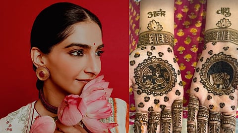 Sonam Kapoor (L); the mehendi design (R)