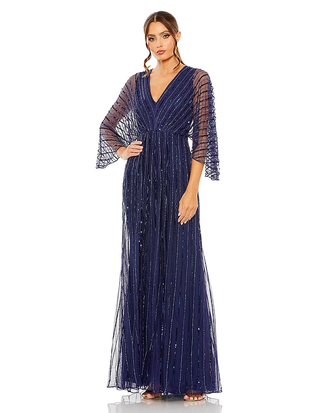 Mac Duggal - Beaded Striping Kimono Sleeve V Neck Gown