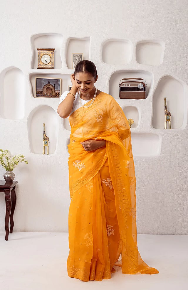 Tangerine Dream- Organza Chikankari Saree by GAJRA India