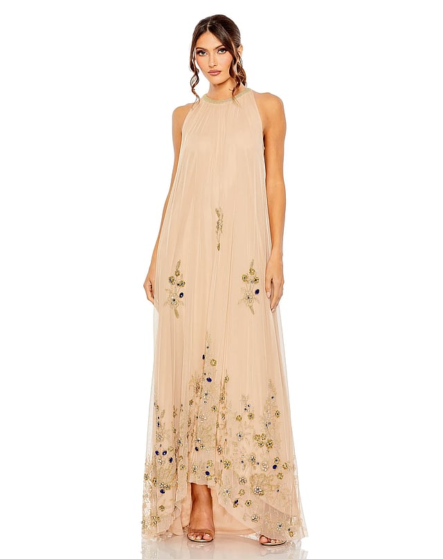 Mac Dugaal High Neck Floral Embellished Trapeze Gown