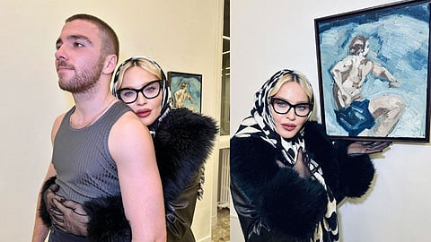 Rocco Ritchie with Madonna (L); Madonna posing with one of the artworks at the exhibit (R)