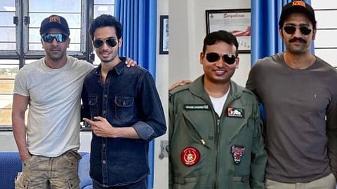 Ranbir Kapoor with a fan (L); Vicky Kaushal with a IAF officer (R)