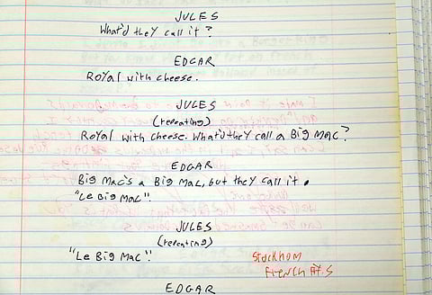 A page from writer/director Quentin Tarantino's handwritten script draft for his 1994 film Pulp Fiction