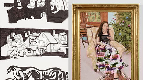 Artworks by (L) Balkrishna Doshi and (R) Faiza Butt