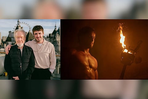 (L-R) Ridley Scott and Paul Mescal; A glimpse of Paul Mescal as Lucius in Gladiator 2