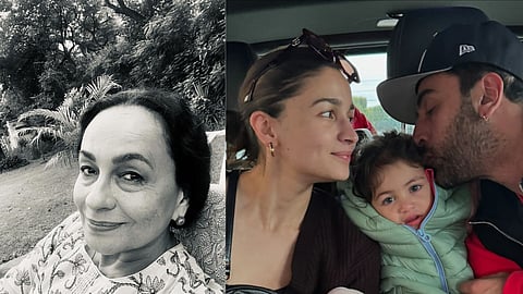 (L-R) Soni Razdan ; A photo of Alia, Ranbir and Raha shared by Neetu Kapur earlier today