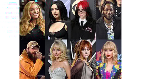 Combination of photos shows top Grammy Awards nominees; top row from left, Beyonce, Charli XCX, Billie Eilish, Kendrick Lamar; bottom row from left, Post Malone, Sabrina Carpenter, Chappell Roan and Taylor Swift. (AP Photo)