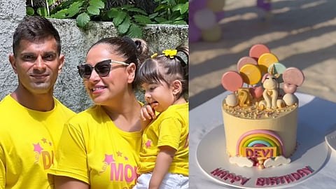 Karan Singh Grover, Bipasha Basu and Devi (L);Devi's birthday cake (R)