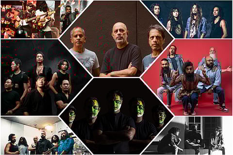 Performing artistes (clockwise): 13 AD, Indus Creed, Skrat, Motherjane, Bloodywood, and About Us