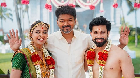 Keerthy Suresh, Thalapathy Vijay and Anthony Tattil (L to R)