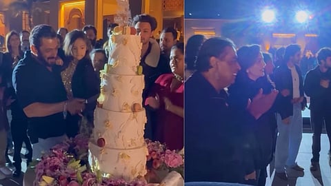 Salman Khan with Ayat (L); Mukesh and Nita Ambani with other guests (R)