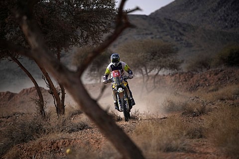 Jerome Martiny of Belgium rides during the fifth stage of the Dakar Rally between Alula and Hail, Saudi Arabia, Thursday, Jan. 9, 2025
