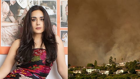 Preity Zinta (L); Smoke from the Palisades Fire rises over residences in Mandeville Canyon Saturday (R)